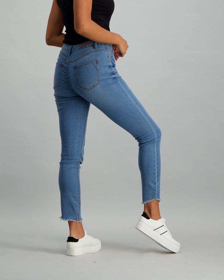 Ladies Exposed Button Frayed Hem Skinny Denim Jean