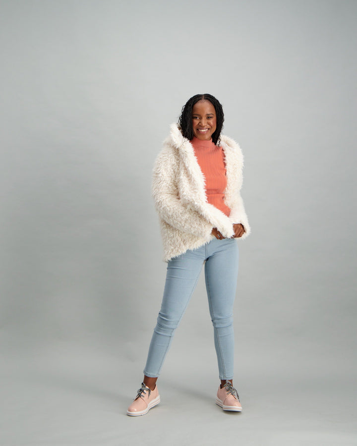 Ladies Hooded Teddy Coat - Cream
