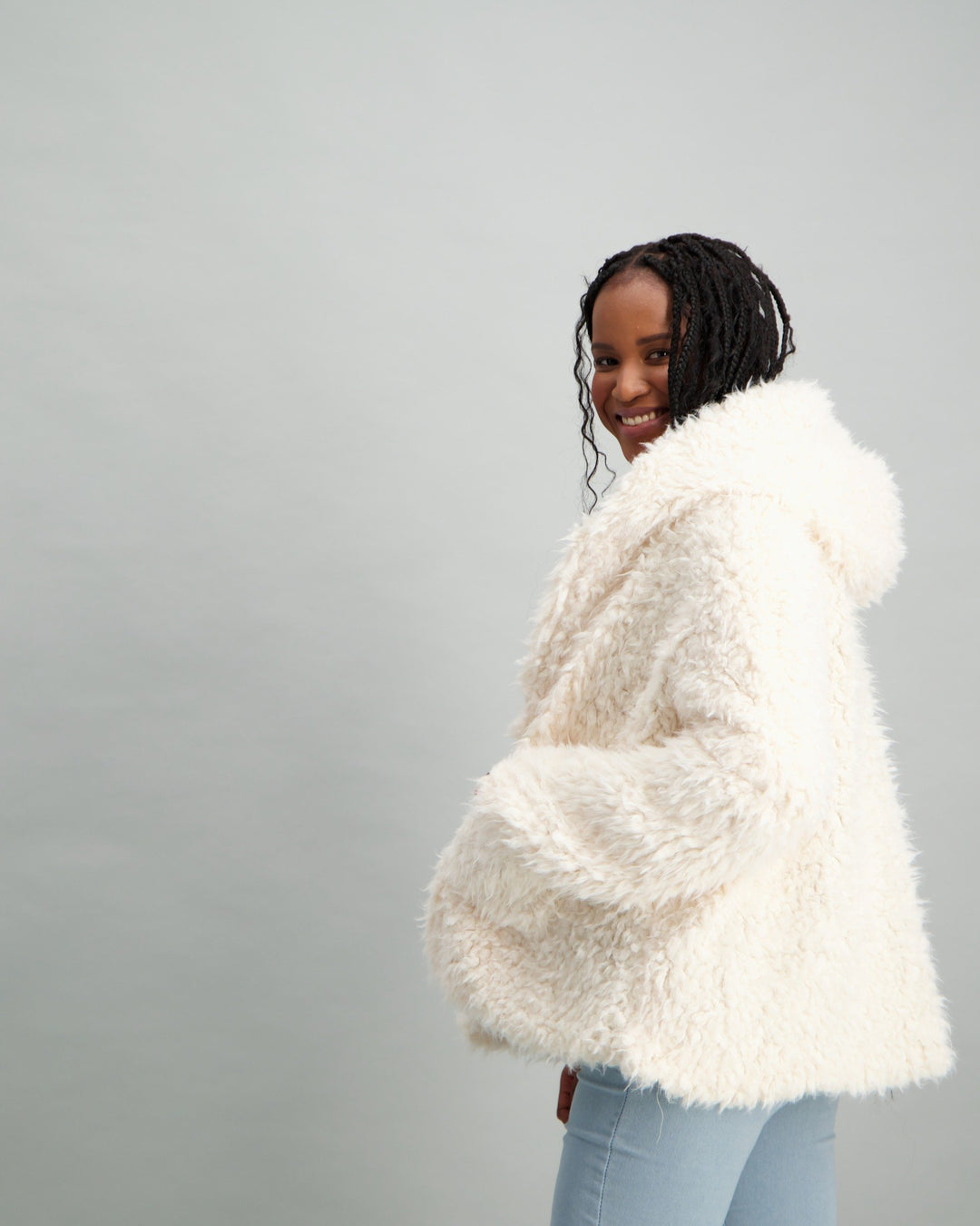 Ladies Hooded Teddy Coat - Cream