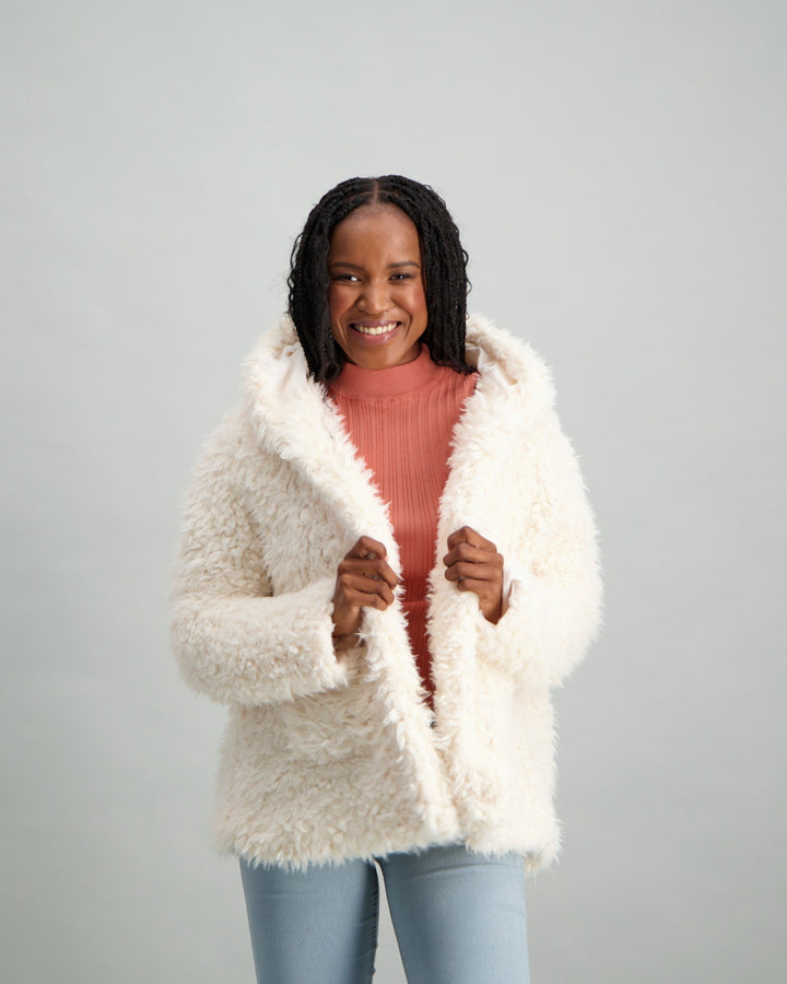 Ladies Hooded Teddy Coat - Cream