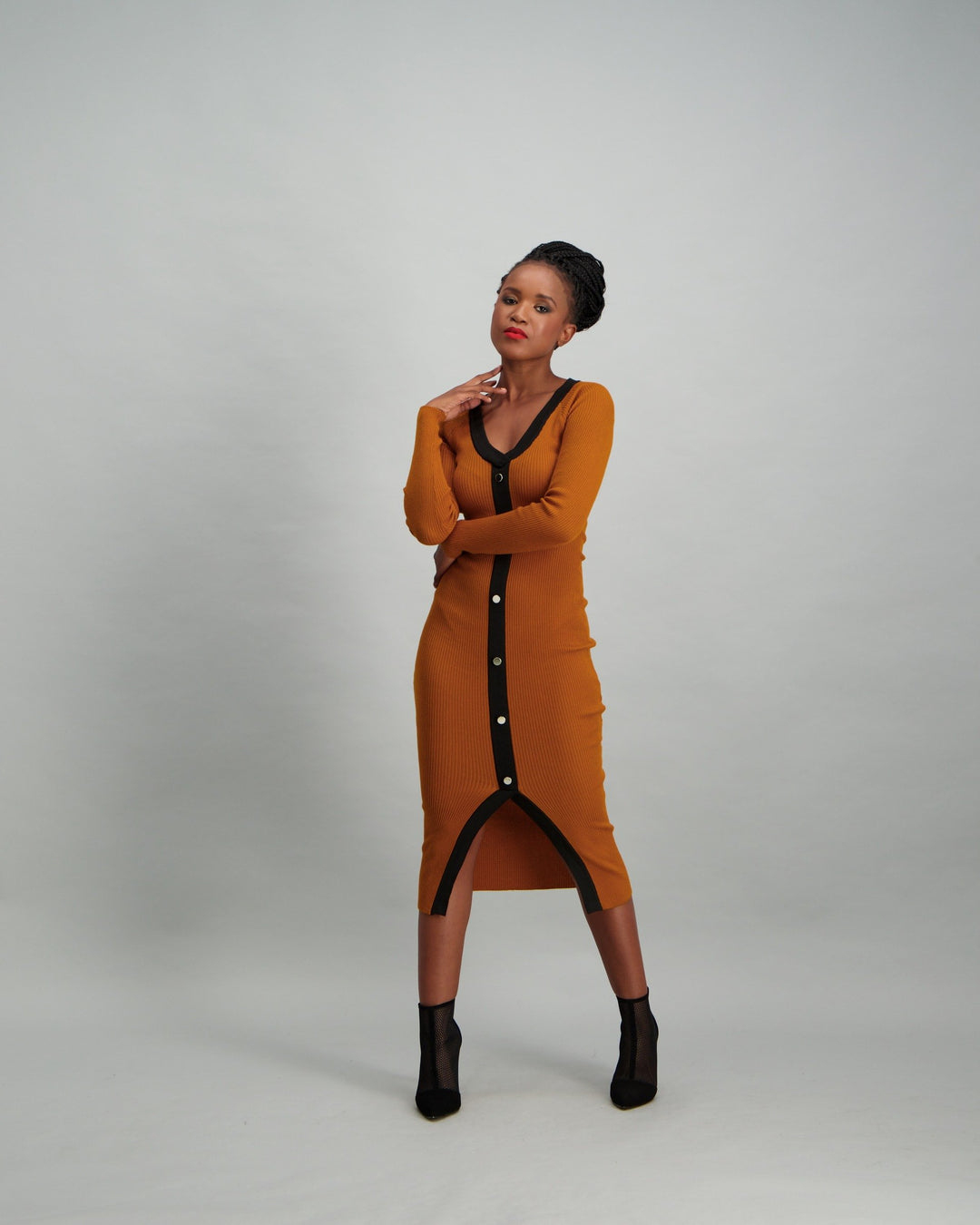 Ladies Contrast Button Front Knitwear Dress - Mustard