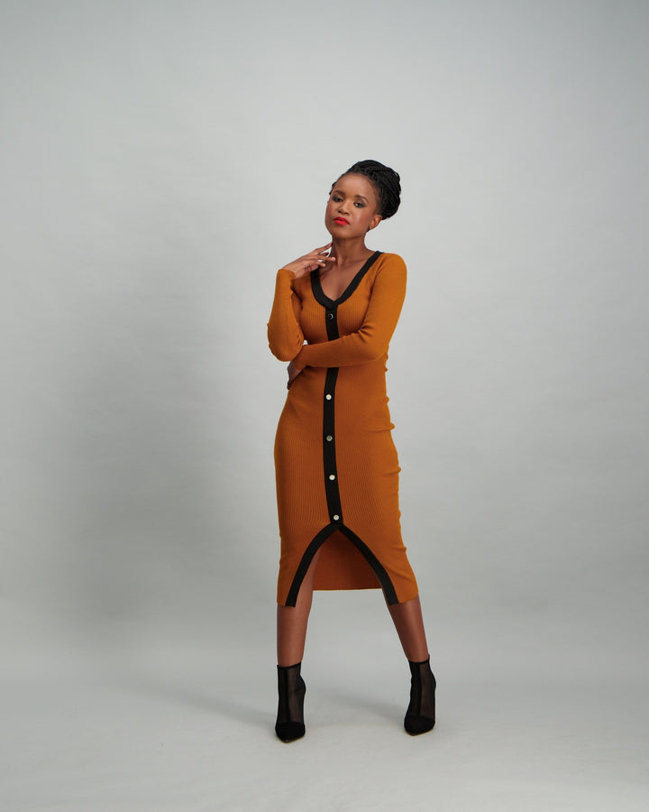 Ladies Contrast Button Front Knitwear Dress - Mustard