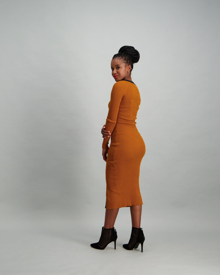 Ladies Contrast Button Front Knitwear Dress - Mustard