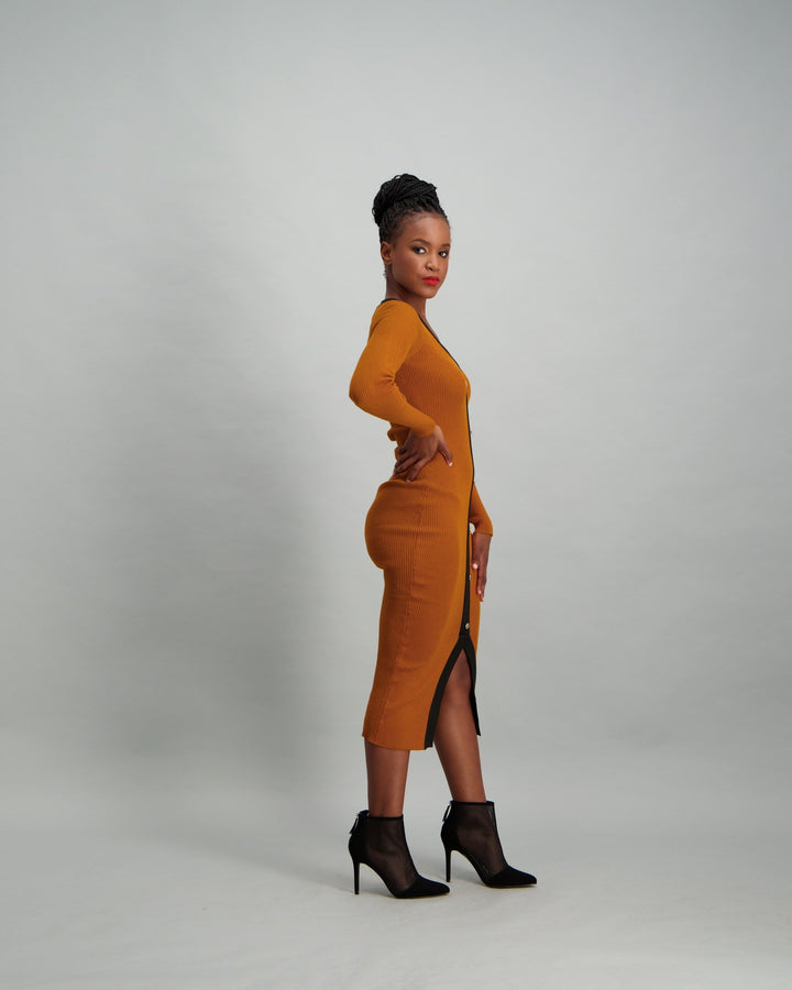 Ladies Contrast Button Front Knitwear Dress - Mustard