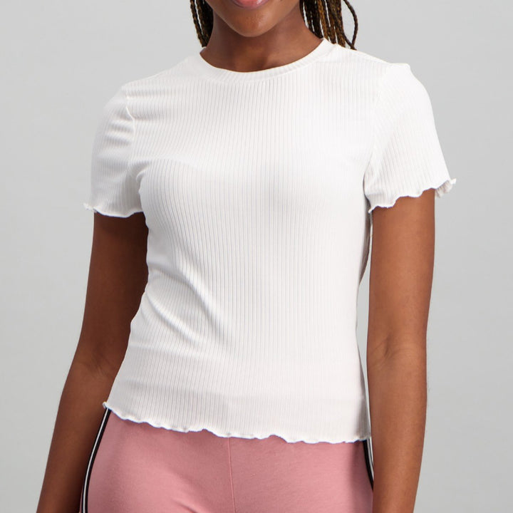 Ladies Lettuce Edge Crop Top - White