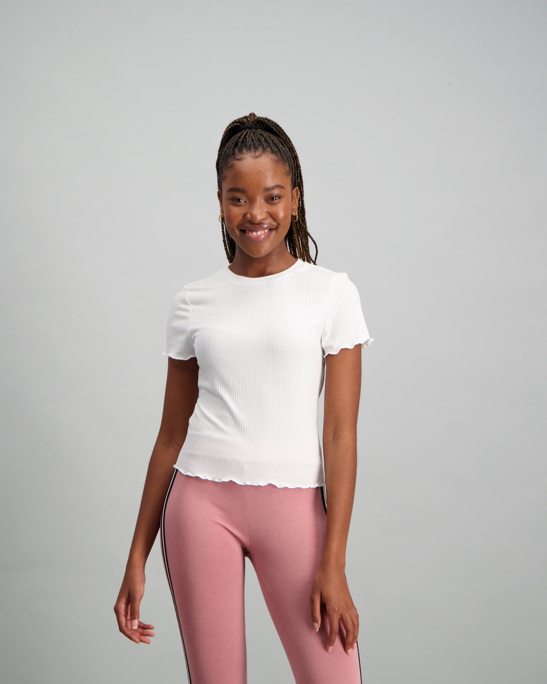 Ladies Lettuce Edge Crop Top - White