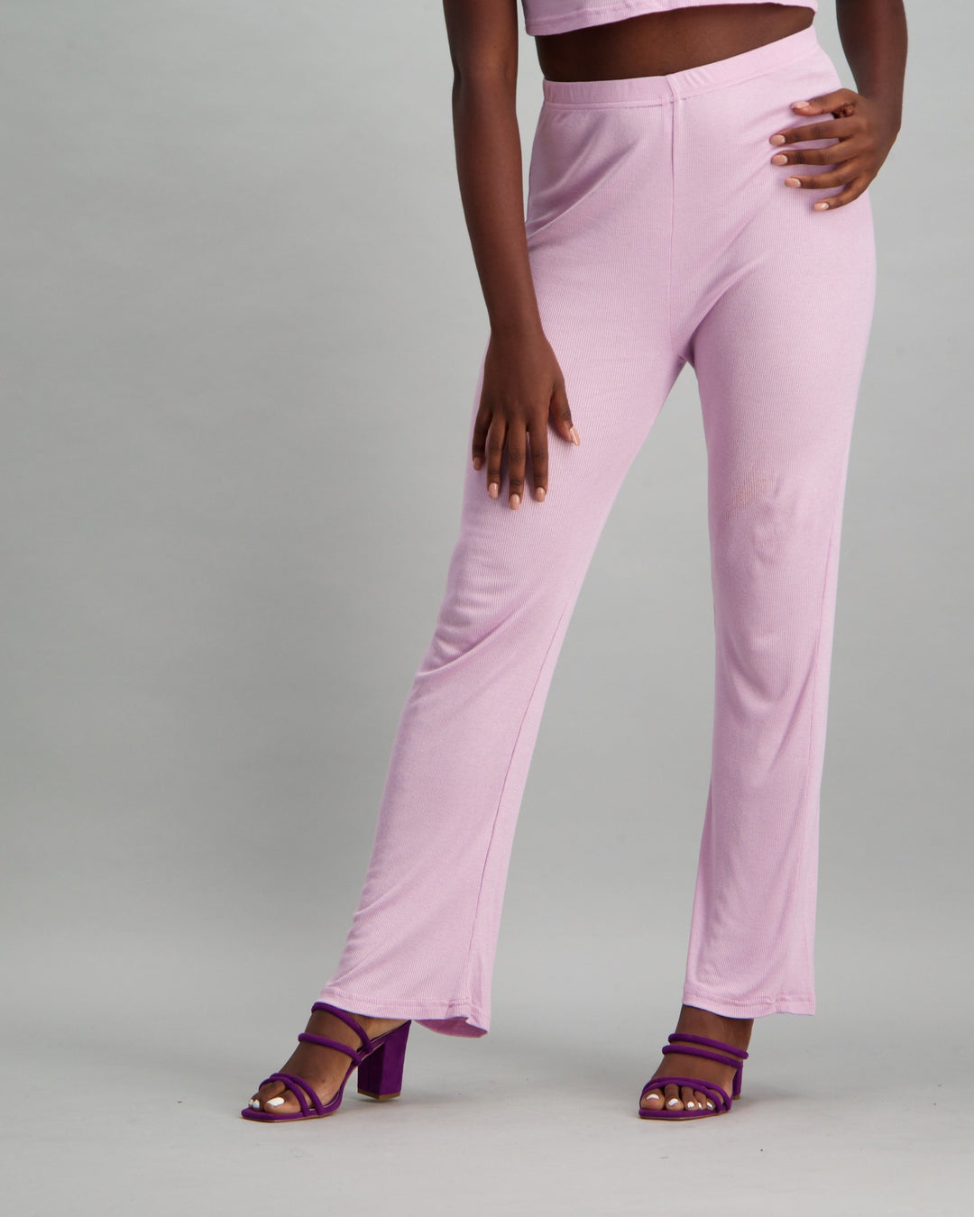 Ladies Cropped Ribbed T-Shirt and Slouchy Pyjama Pants - Mauve