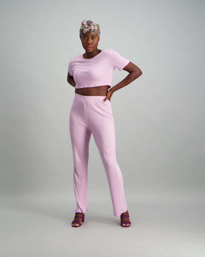 Ladies Cropped Ribbed T-Shirt and Slouchy Pyjama Pants - Mauve