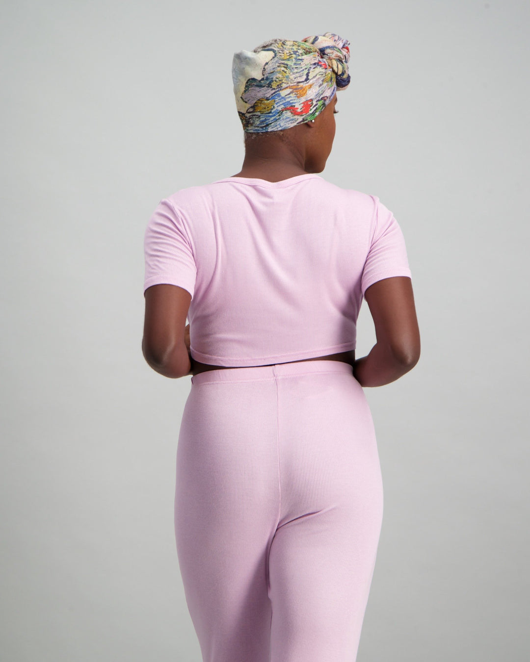 Ladies Cropped Ribbed T-Shirt and Slouchy Pyjama Pants - Mauve