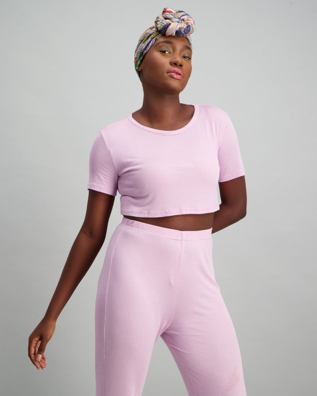 Ladies Cropped Ribbed T-Shirt and Slouchy Pyjama Pants - Mauve