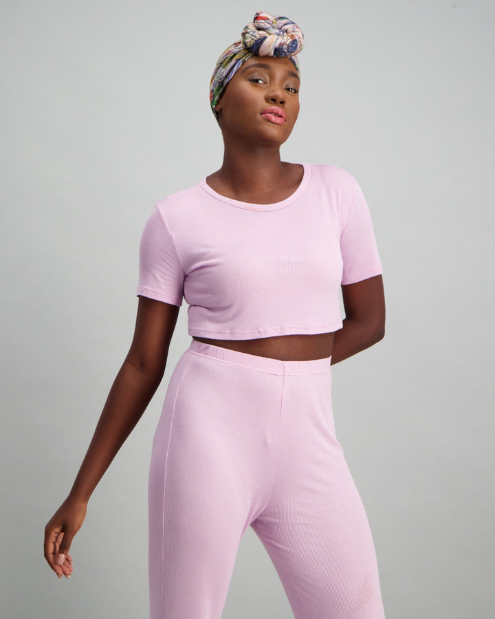 Ladies Cropped Ribbed T-Shirt and Slouchy Pyjama Pants - Mauve