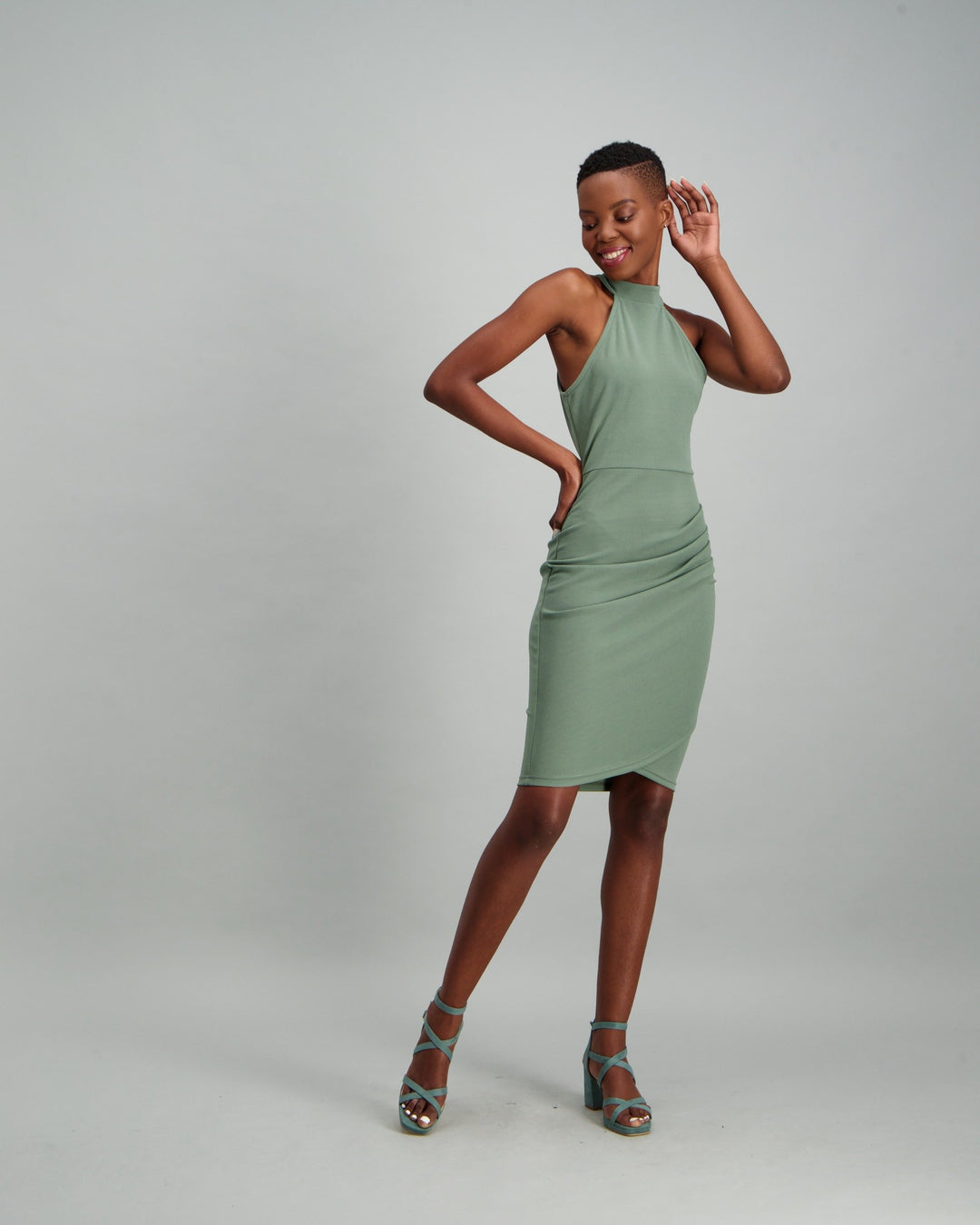 Ladies Draped High-Neck Bodycon Dress - Sage