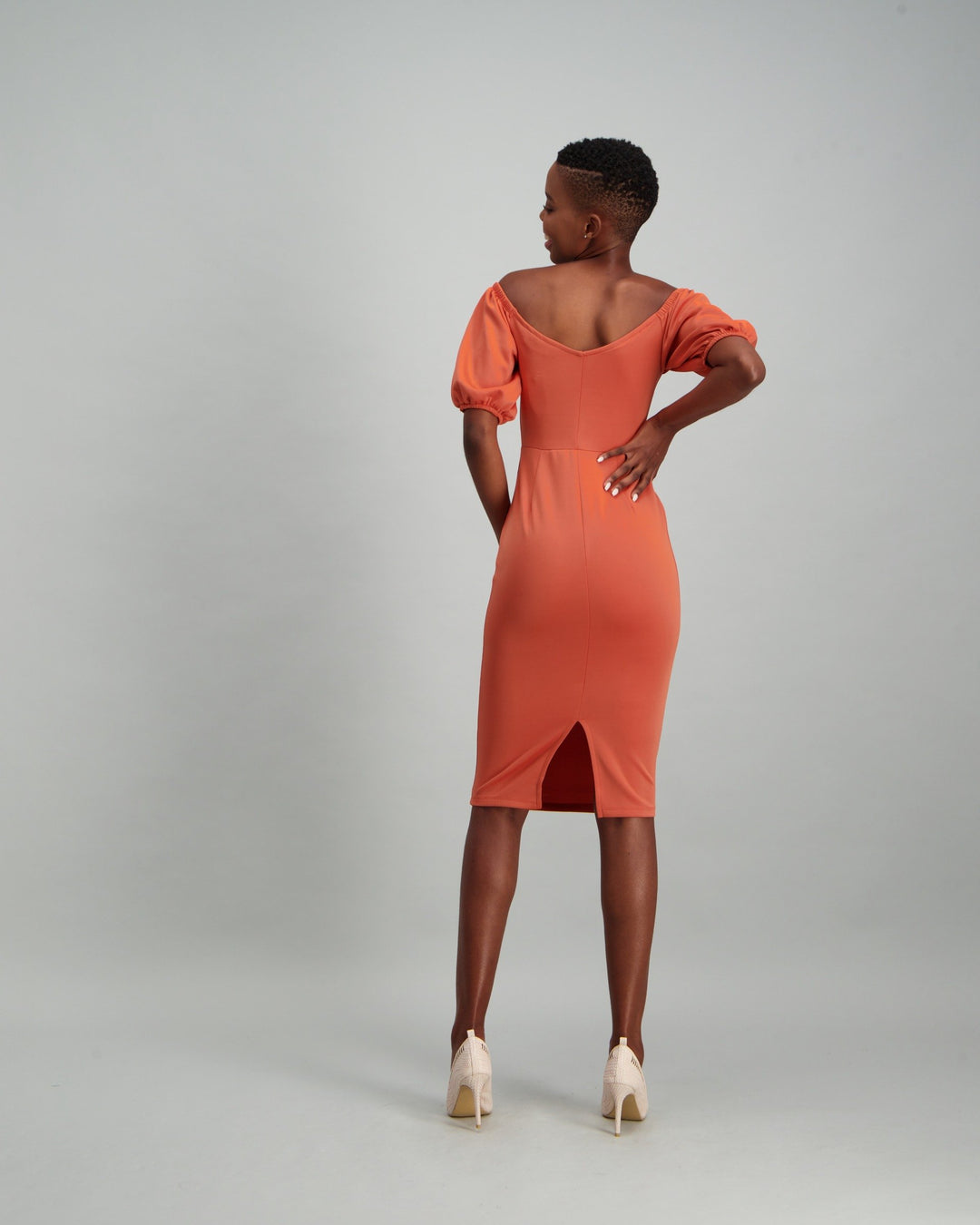 Ladies Puff Sleeve Bust Tie Detail Dress - Ginger