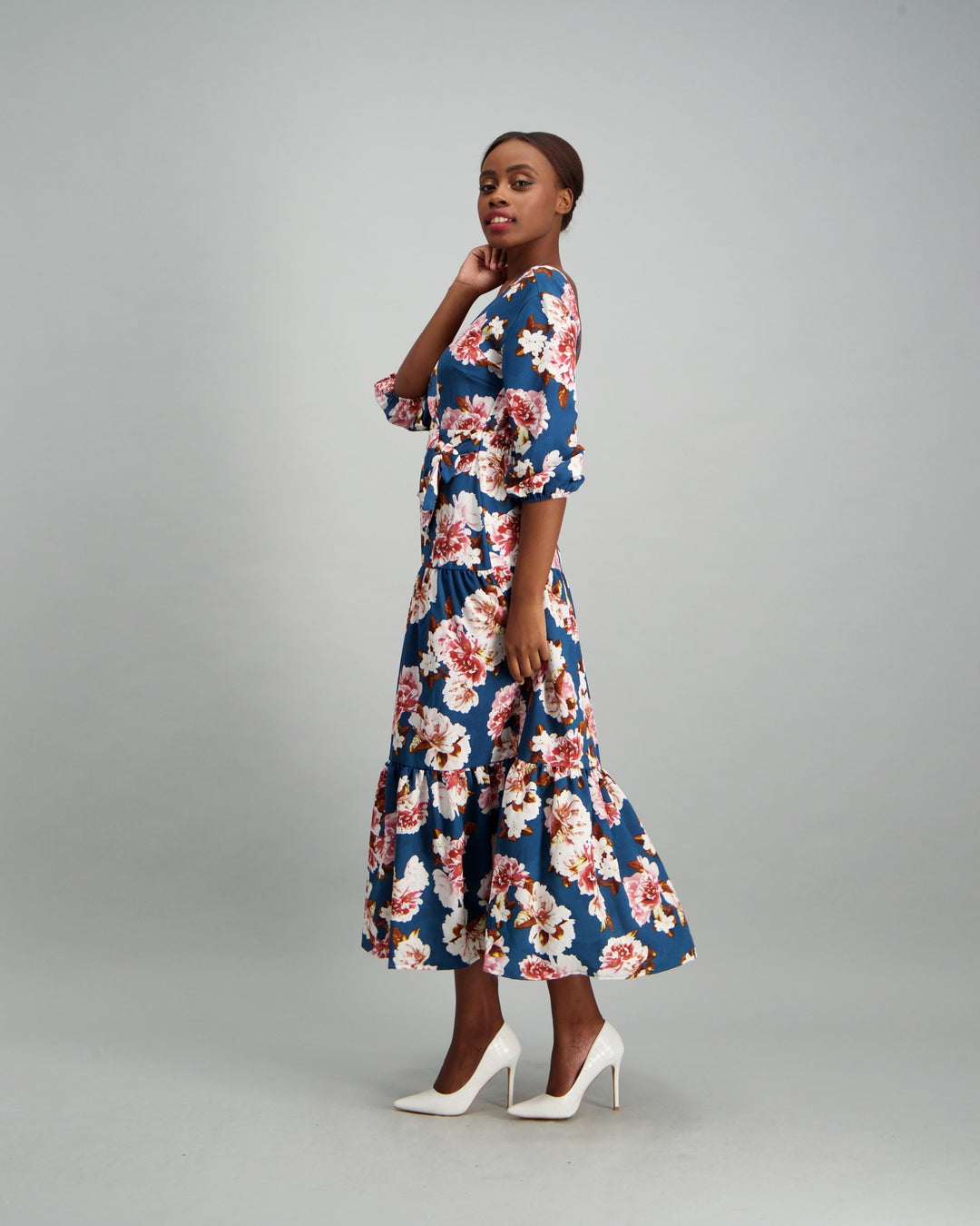 Ladies Long Sleeve Open Backed Tiered Dress - Floral Print