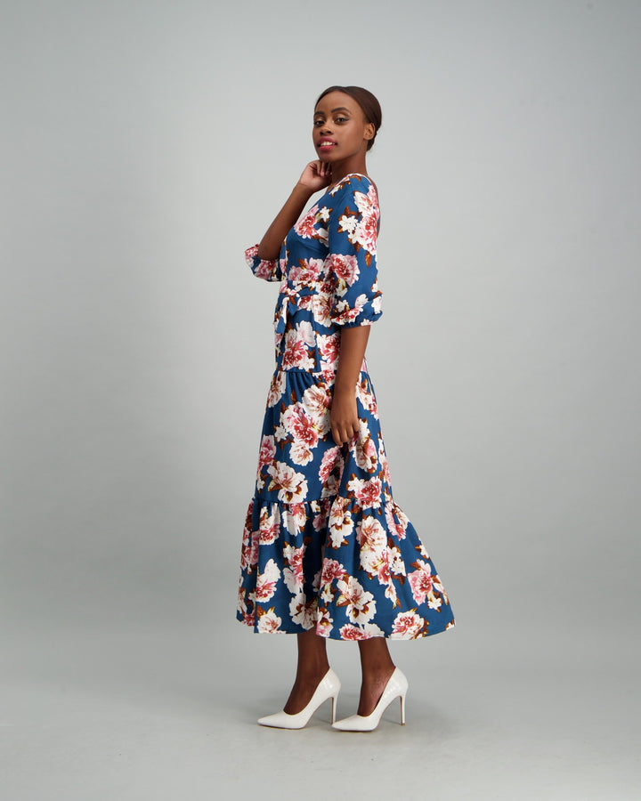 Ladies Long Sleeve Open Backed Tiered Dress - Floral Print