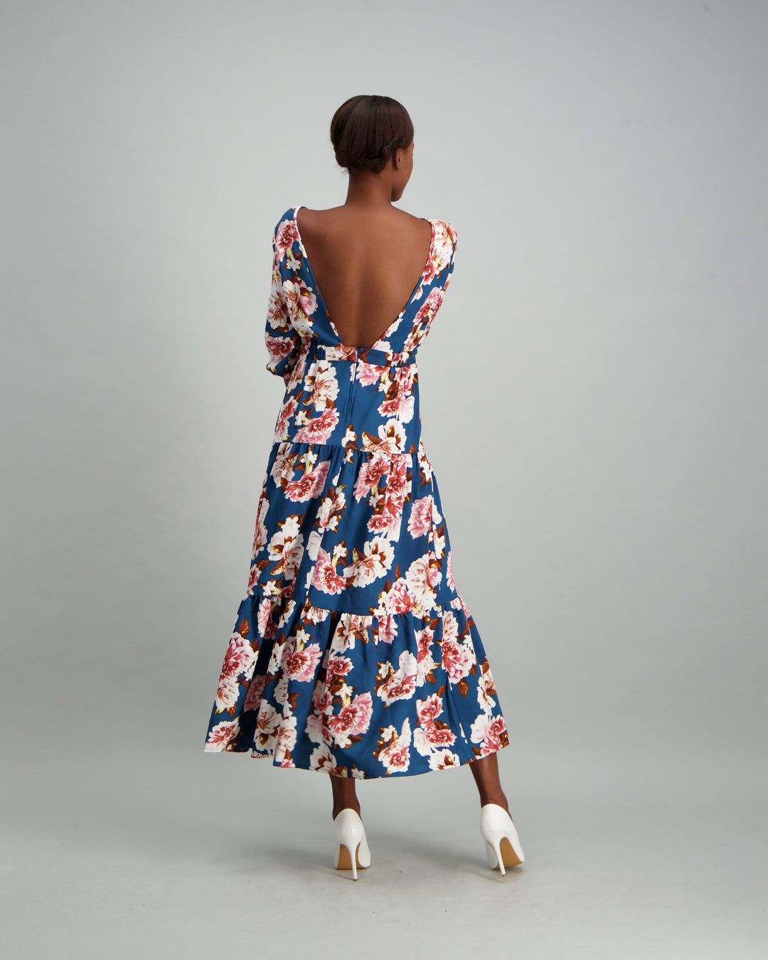 Ladies Long Sleeve Open Backed Tiered Dress - Floral Print