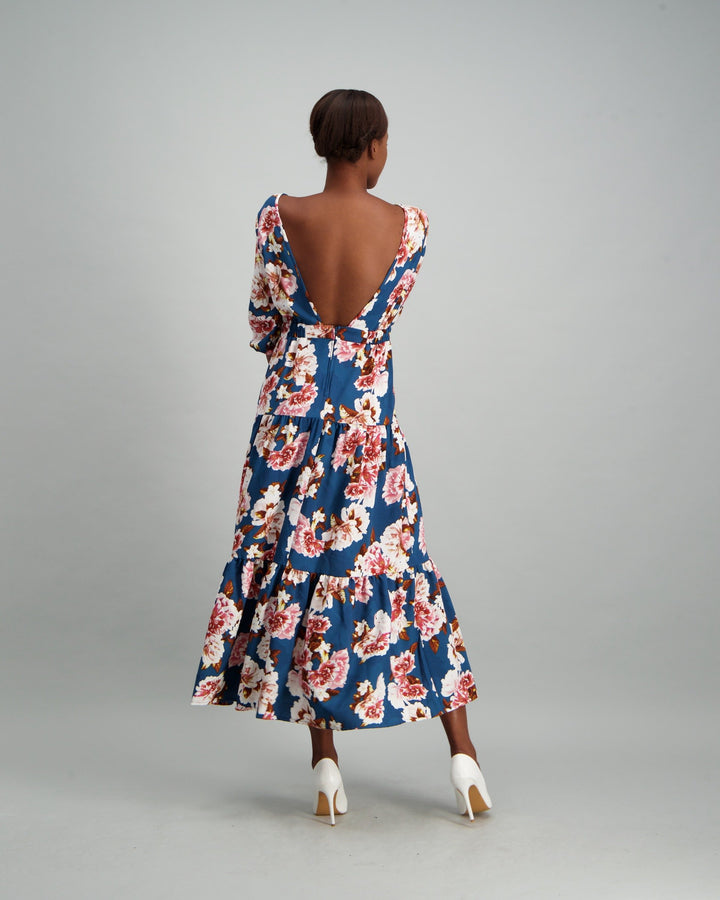Ladies Long Sleeve Open Backed Tiered Dress - Floral Print