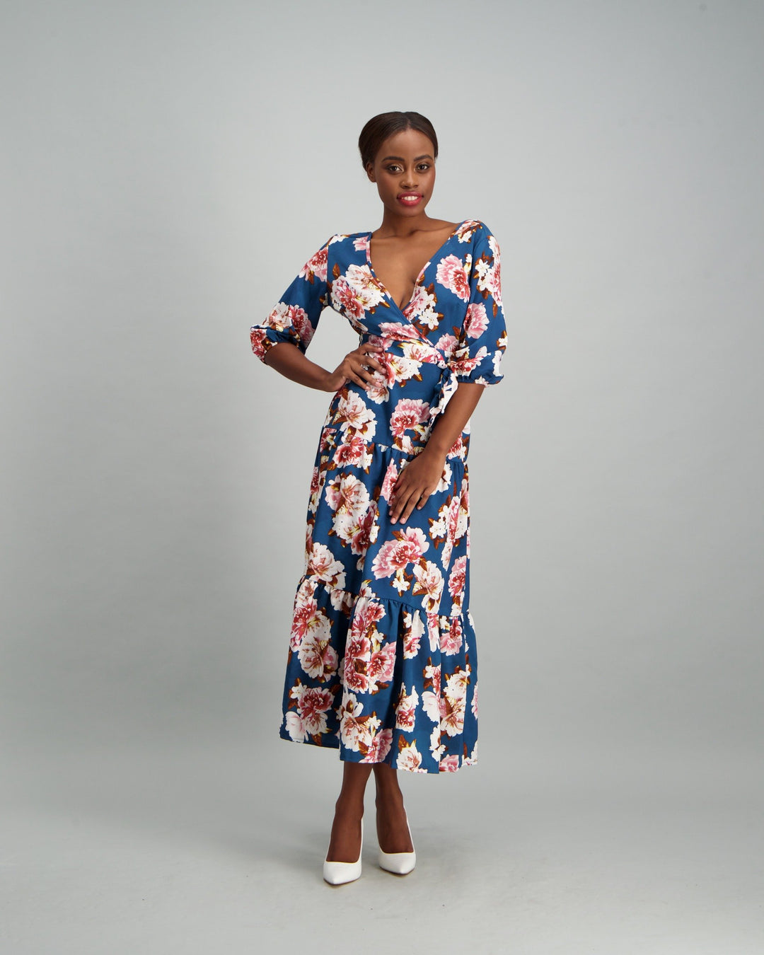 Ladies Long Sleeve Open Backed Tiered Dress - Floral Print