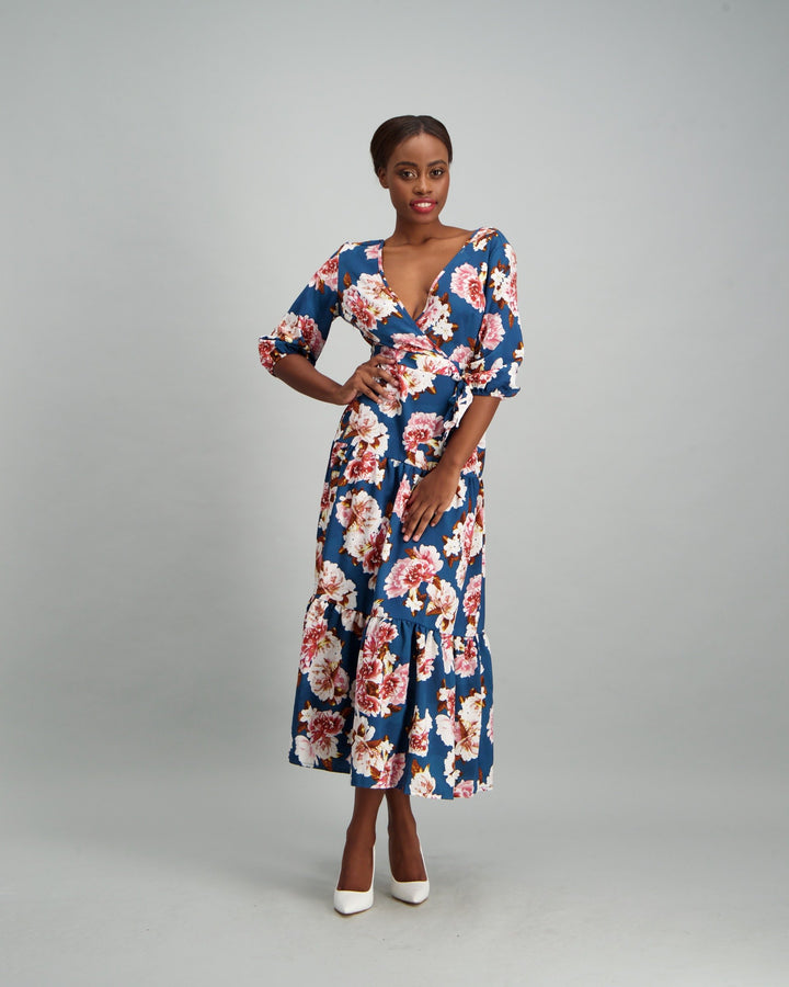 Ladies Long Sleeve Open Backed Tiered Dress - Floral Print