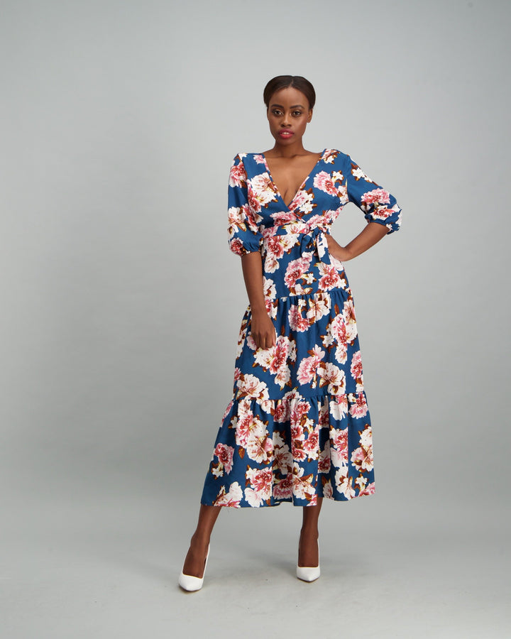 Ladies Long Sleeve Open Backed Tiered Dress - Floral Print