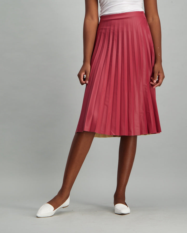 Ladies Pleated PU Skirt - Burgundy