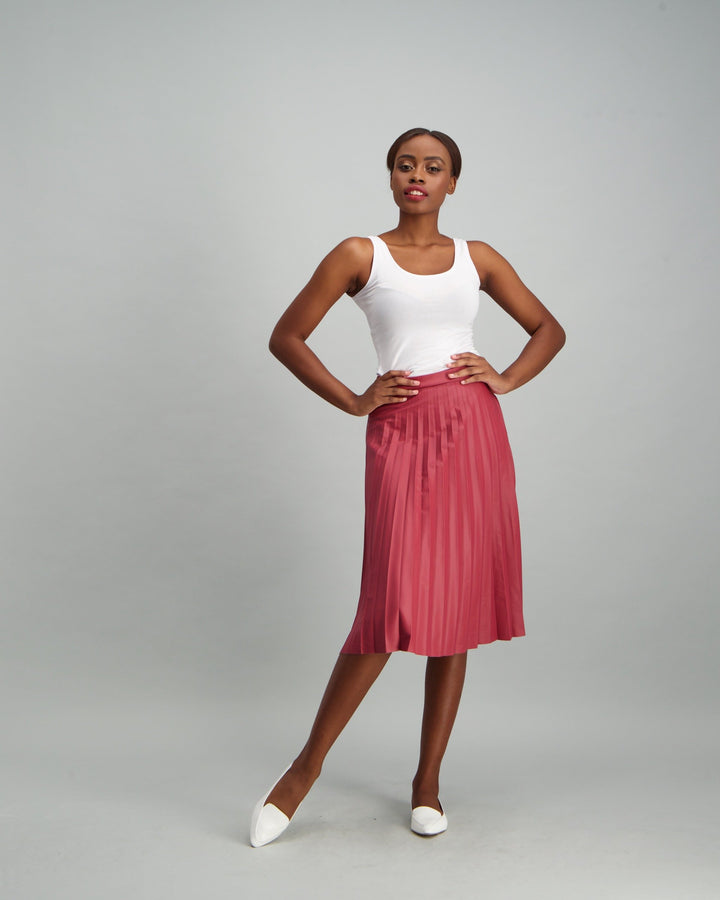 Ladies Pleated PU Skirt - Burgundy