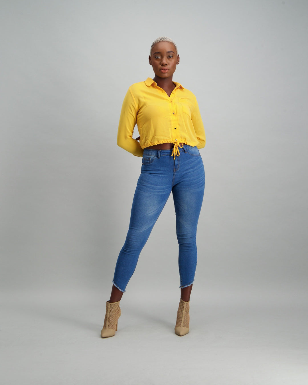Ladies Long Sleeve Crop Tie Waist Pocket Shirt - Yellow