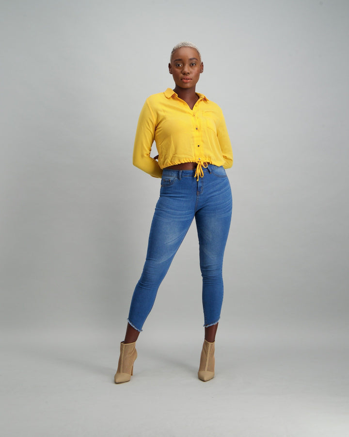 Ladies Long Sleeve Crop Tie Waist Pocket Shirt - Yellow