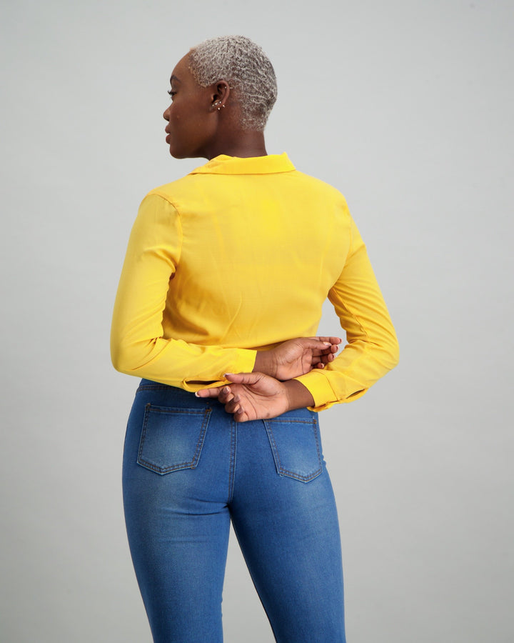 Ladies Long Sleeve Crop Tie Waist Pocket Shirt - Yellow
