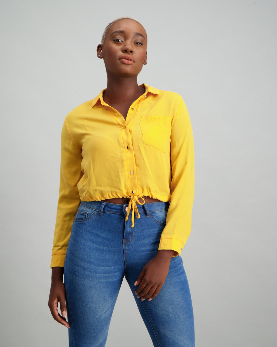 Ladies Long Sleeve Crop Tie Waist Pocket Shirt - Yellow