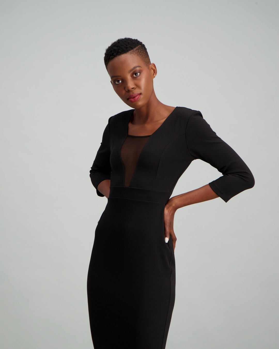 Ladies 3/4 Sleeve Mesh Inset Flounce Dress - Black