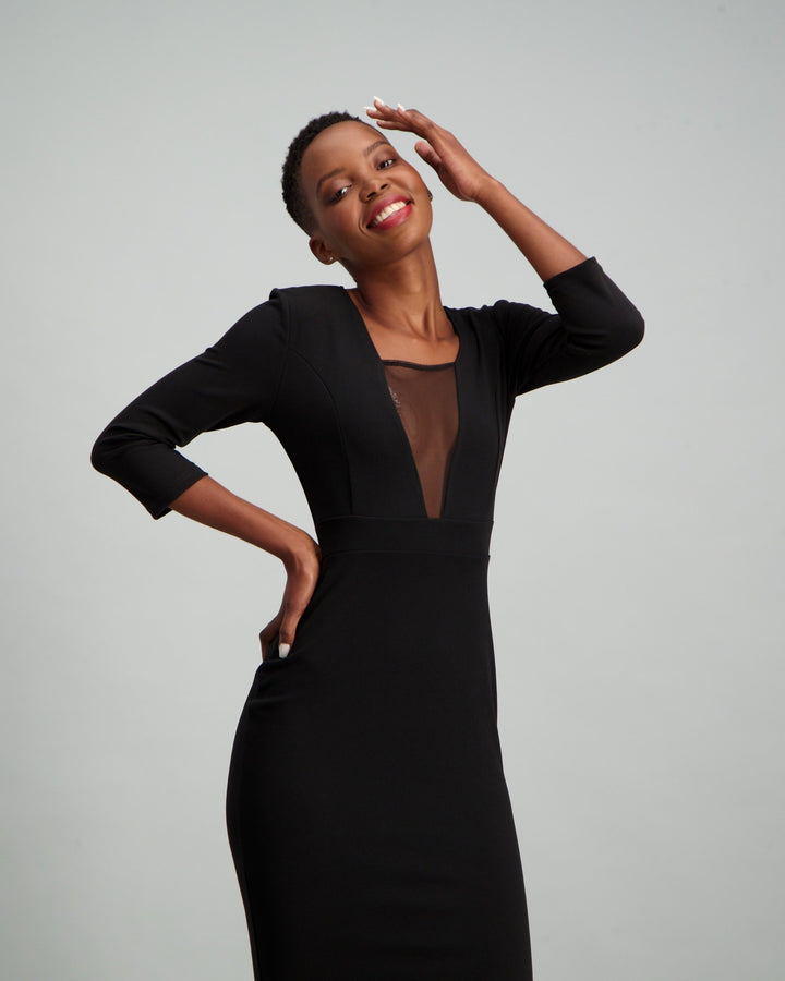 Ladies 3/4 Sleeve Mesh Inset Flounce Dress - Black