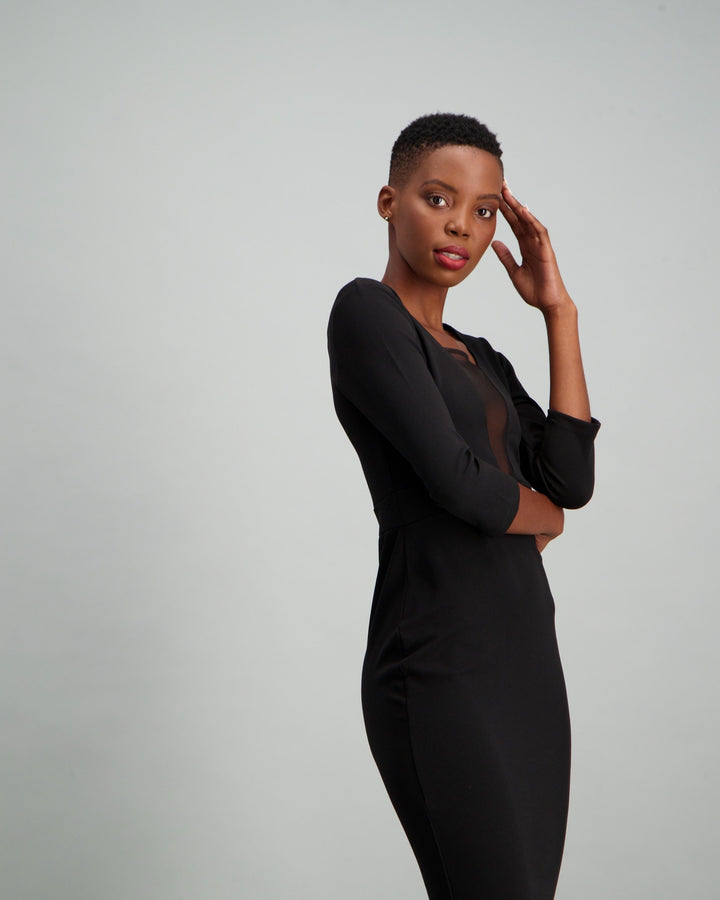 Ladies 3/4 Sleeve Mesh Inset Flounce Dress - Black