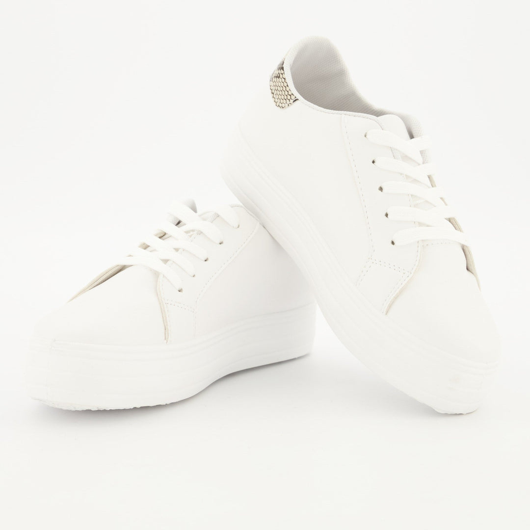 Ladies Platform Lace-Up Sneaker - White/Snake Skin