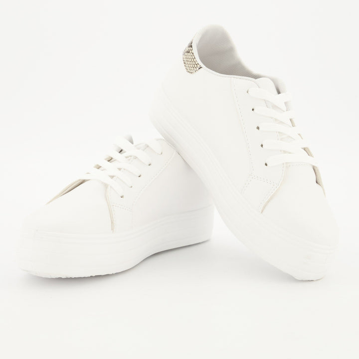 Ladies Platform Lace-Up Sneaker - White/Snake Skin