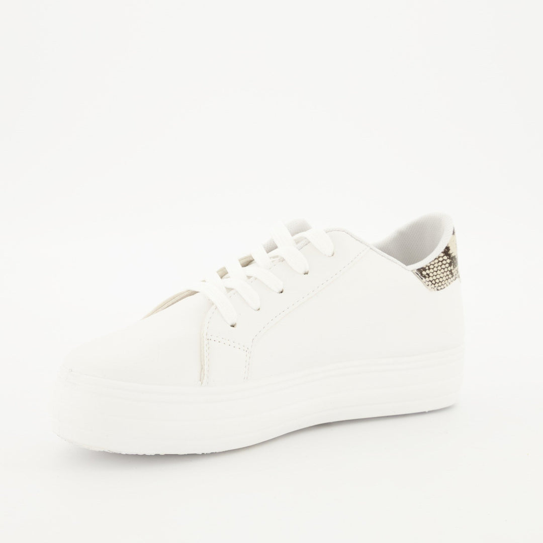 Ladies Platform Lace-Up Sneaker - White/Snake Skin
