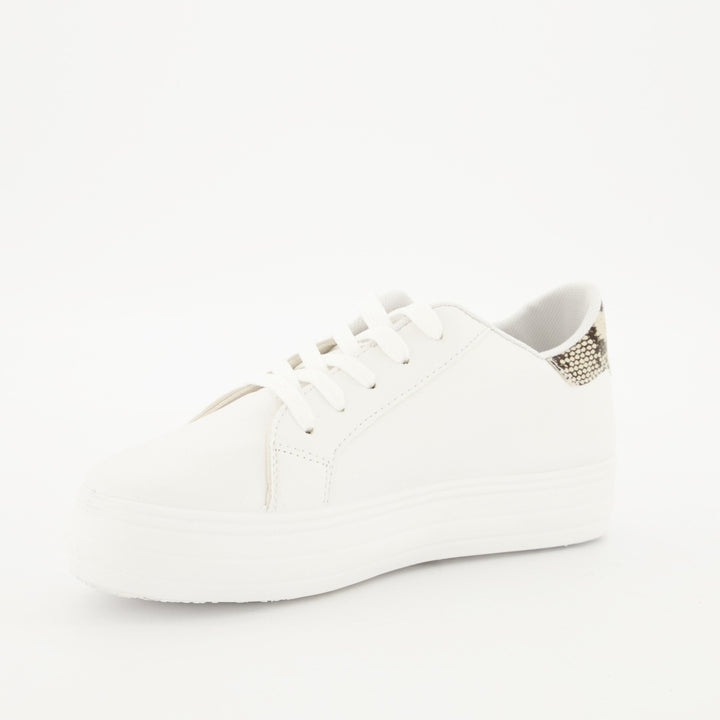 Ladies Platform Lace-Up Sneaker - White/Snake Skin