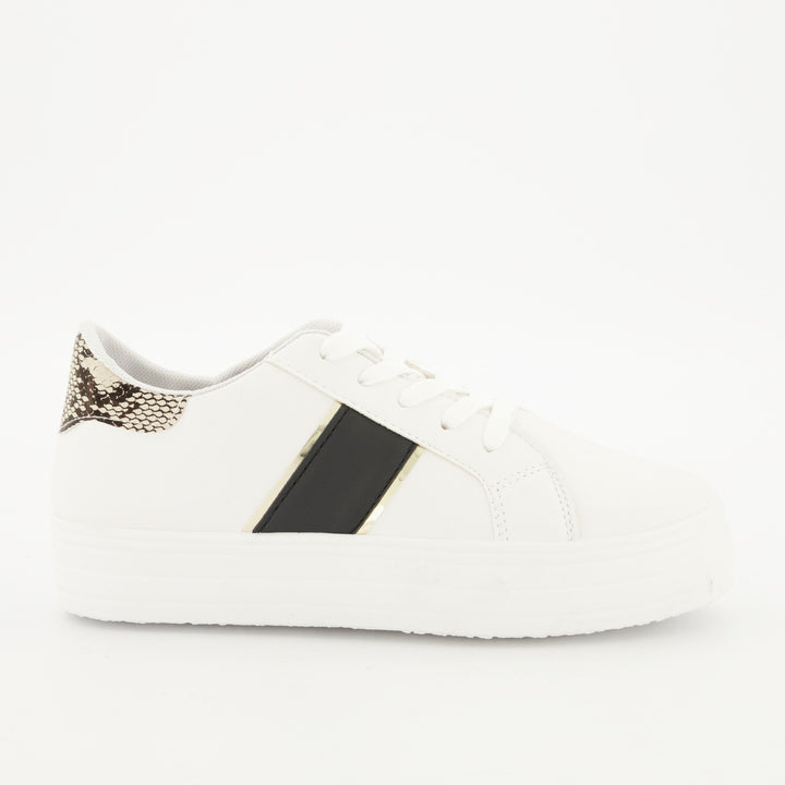 Ladies Platform Lace-Up Sneaker - White/Snake Skin