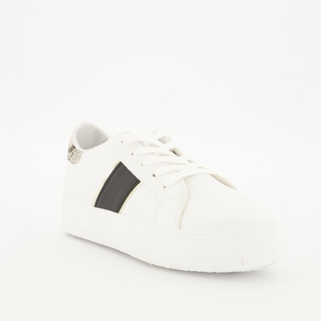 Ladies Platform Lace-Up Sneaker - White/Snake Skin