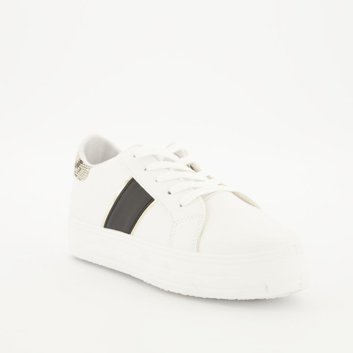 Ladies Platform Lace-Up Sneaker - White/Snake Skin