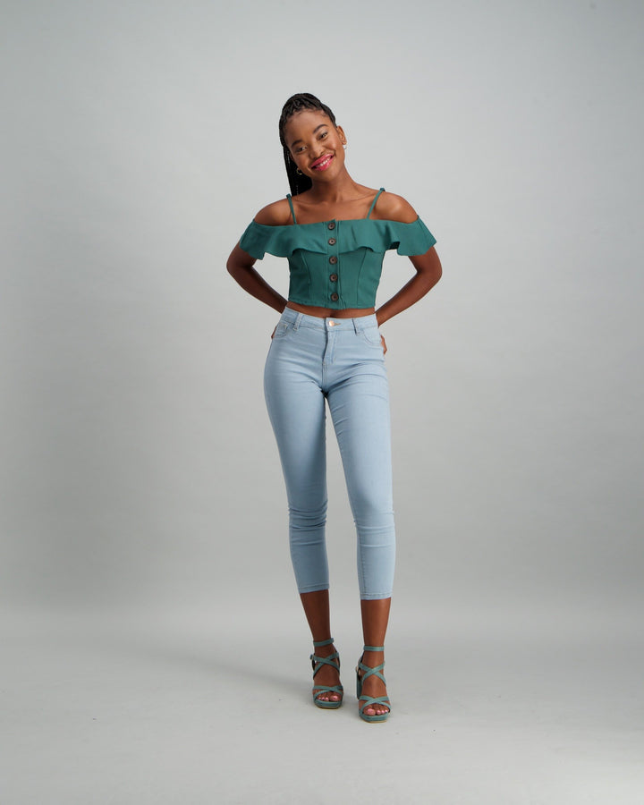 Ladies Buttoned Frill Detail Sleeve Top - Sage