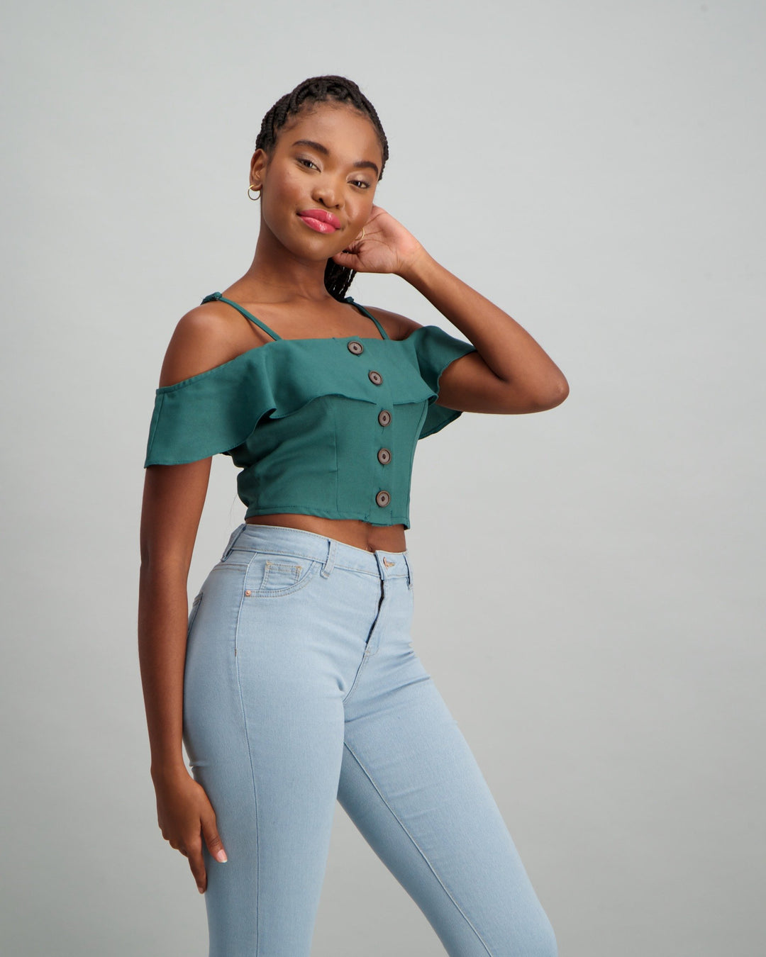 Ladies Buttoned Frill Detail Sleeve Top - Sage