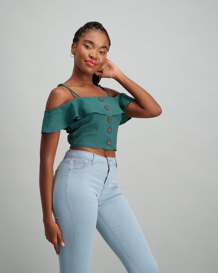 Ladies Buttoned Frill Detail Sleeve Top - Sage