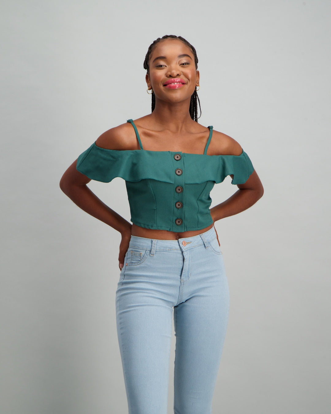 Ladies Buttoned Frill Detail Sleeve Top - Sage