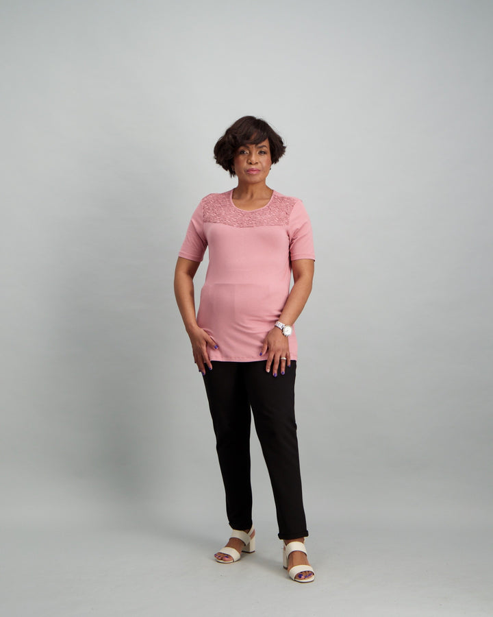 Ladies T-Shirt with Lace Yoke - Pink