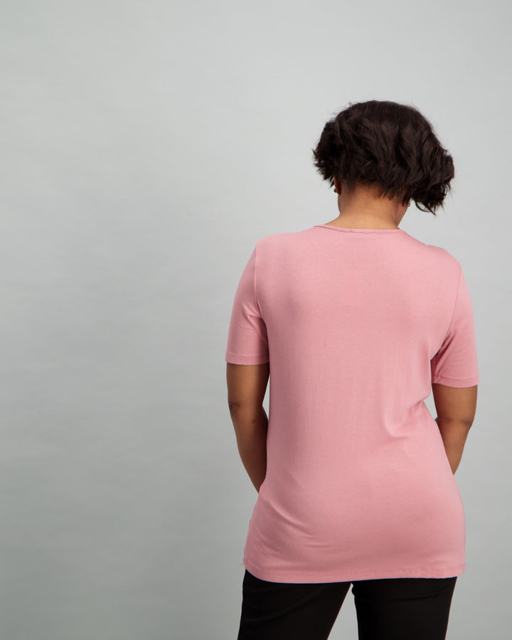 Ladies T-Shirt with Lace Yoke - Pink