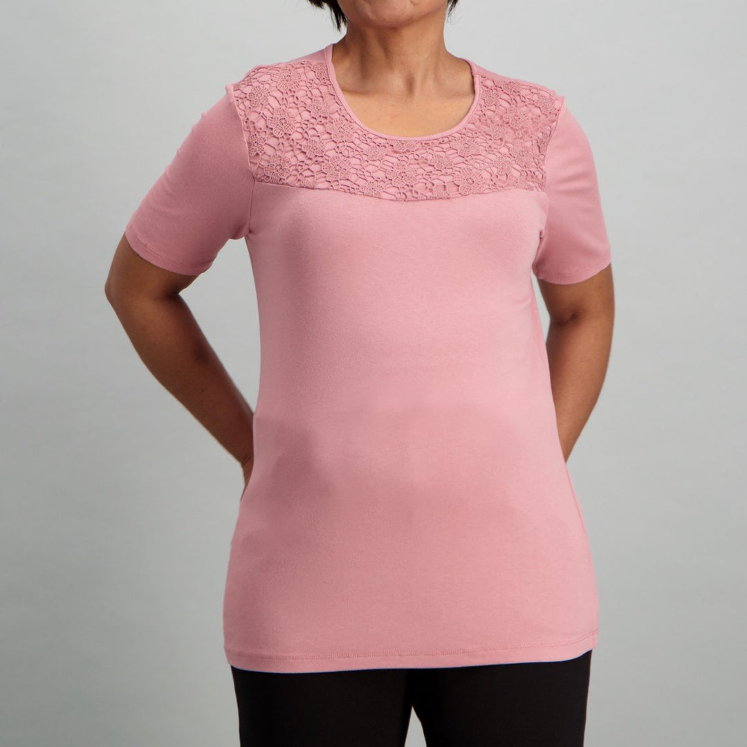 Ladies T-Shirt with Lace Yoke - Pink