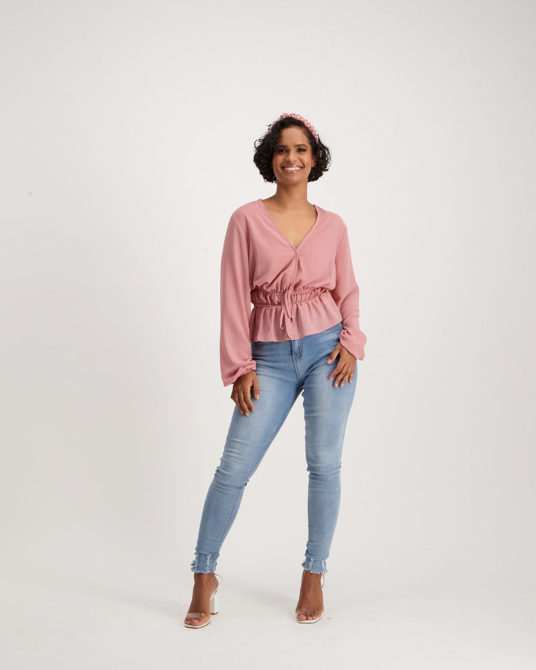 Ladies Long Sleeve Rouched Blouse - Pink
