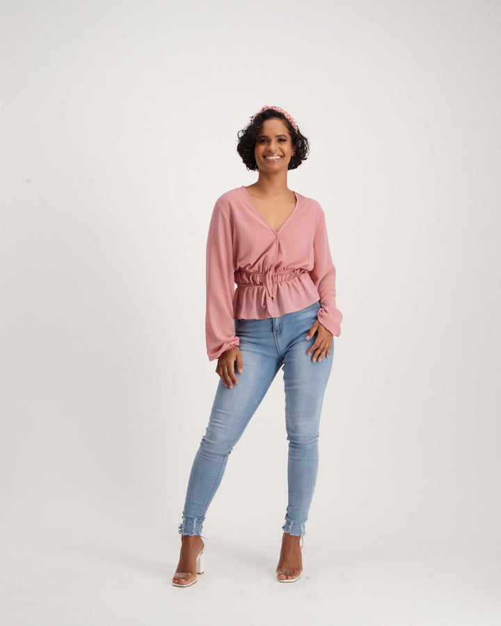 Ladies Long Sleeve Rouched Blouse - Pink