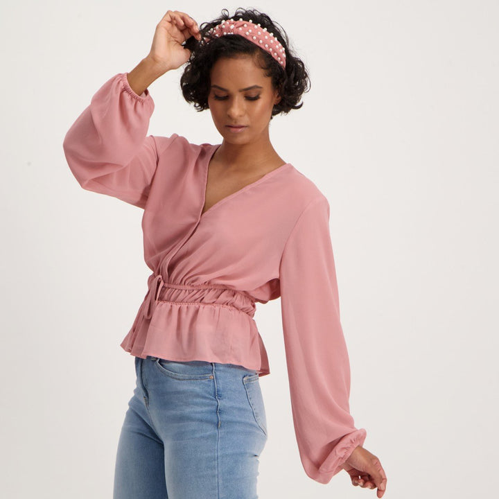 Ladies Long Sleeve Rouched Blouse - Pink
